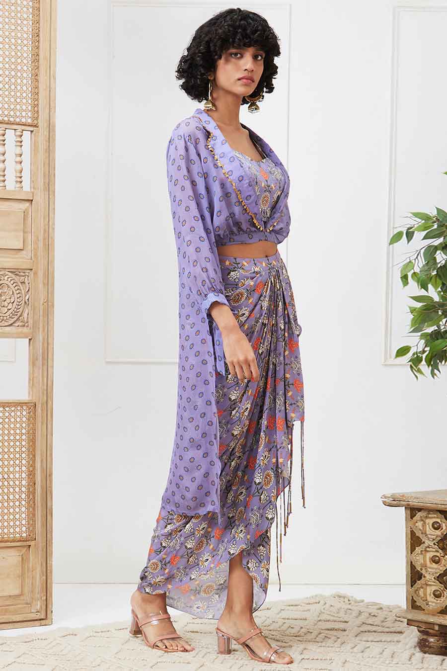 Purple Tabriz Embellished Drape Skirt Co-ord Set