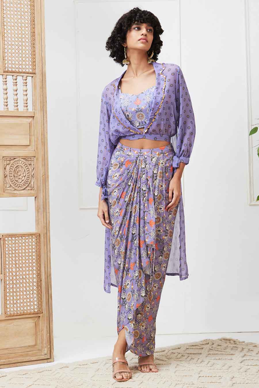 Purple Tabriz Embellished Drape Skirt Co-ord Set