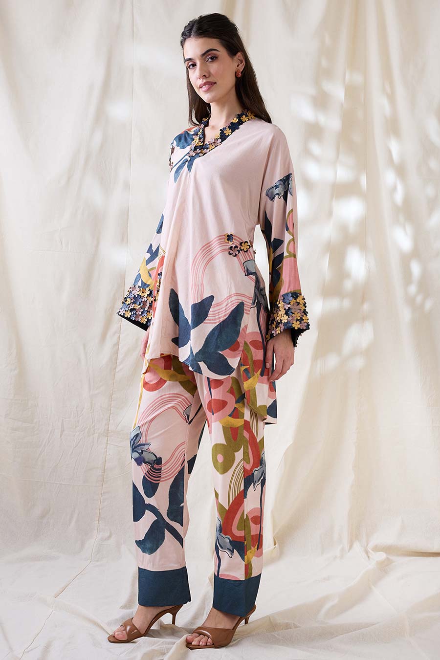 Beige Floral Print Embellished Co-Ord Set