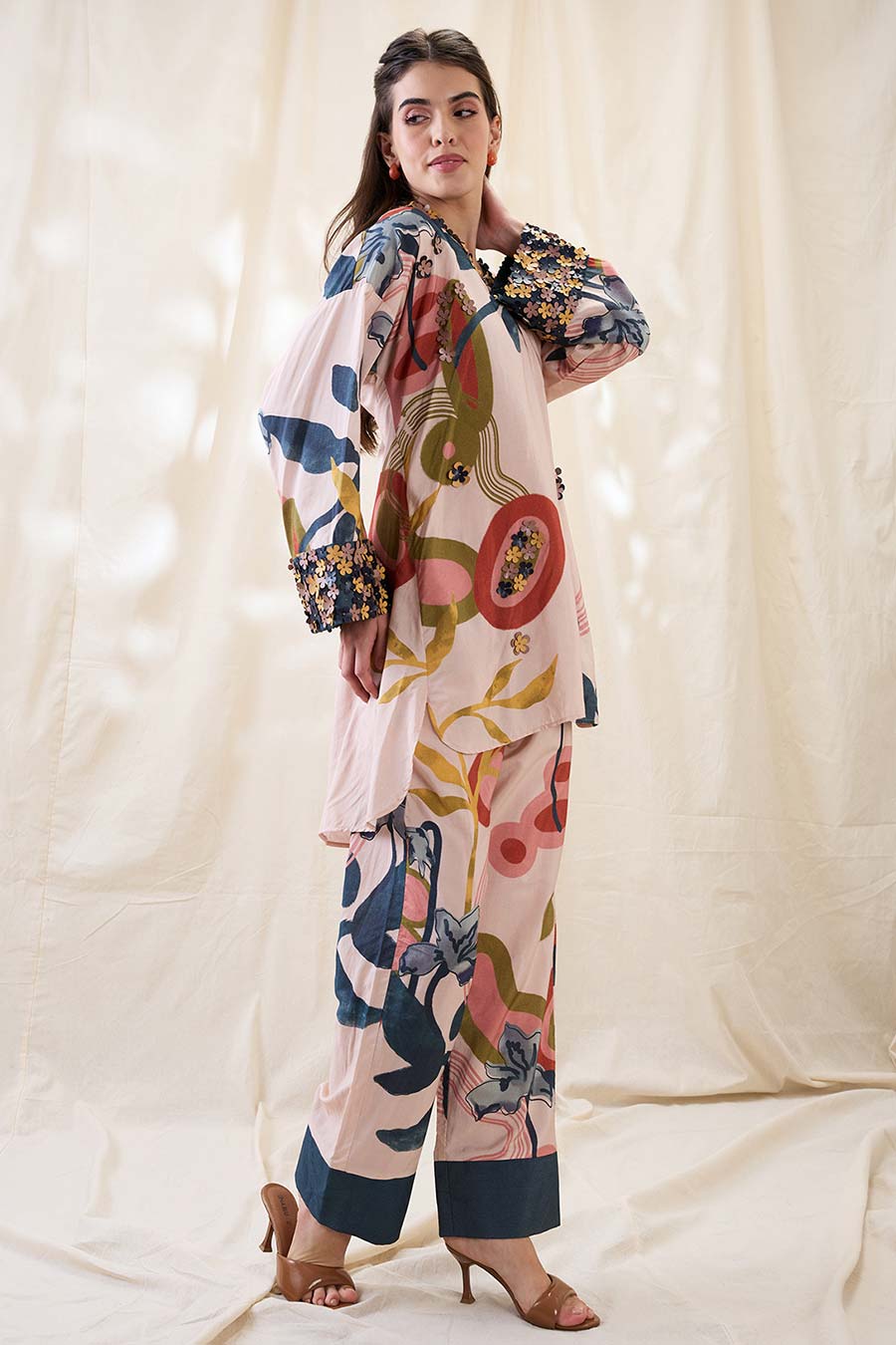 Beige Floral Print Embellished Co-Ord Set