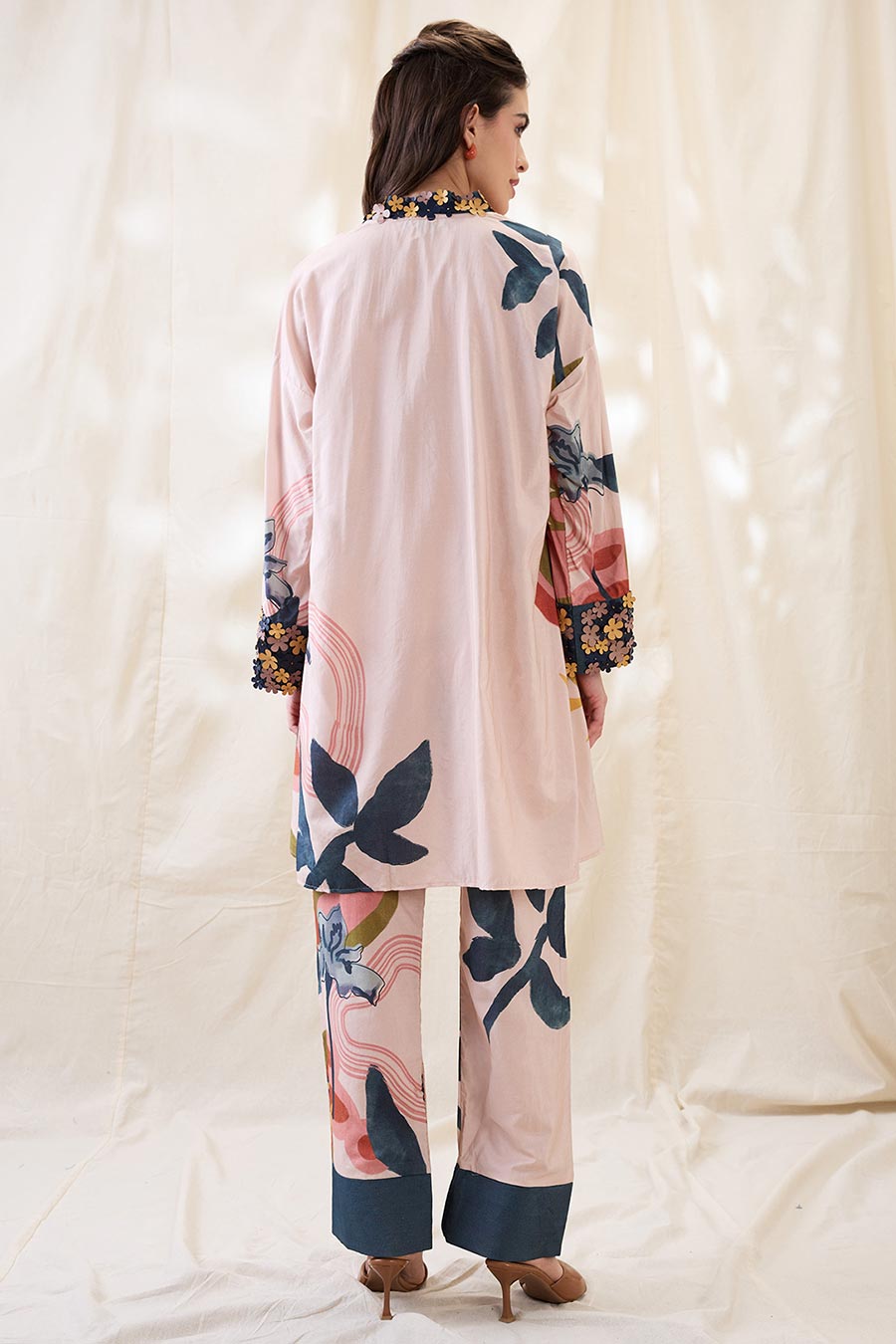 Beige Floral Print Embellished Co-Ord Set