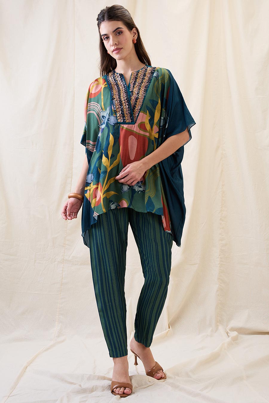 Green Floral Print Embellished Co-Ord Set