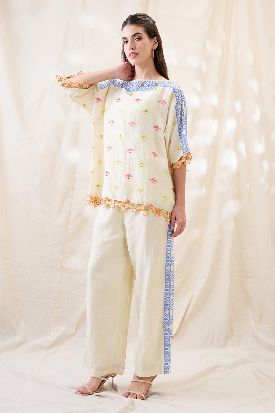 Beige Kitchra Applique Kimono Co-Ord Set