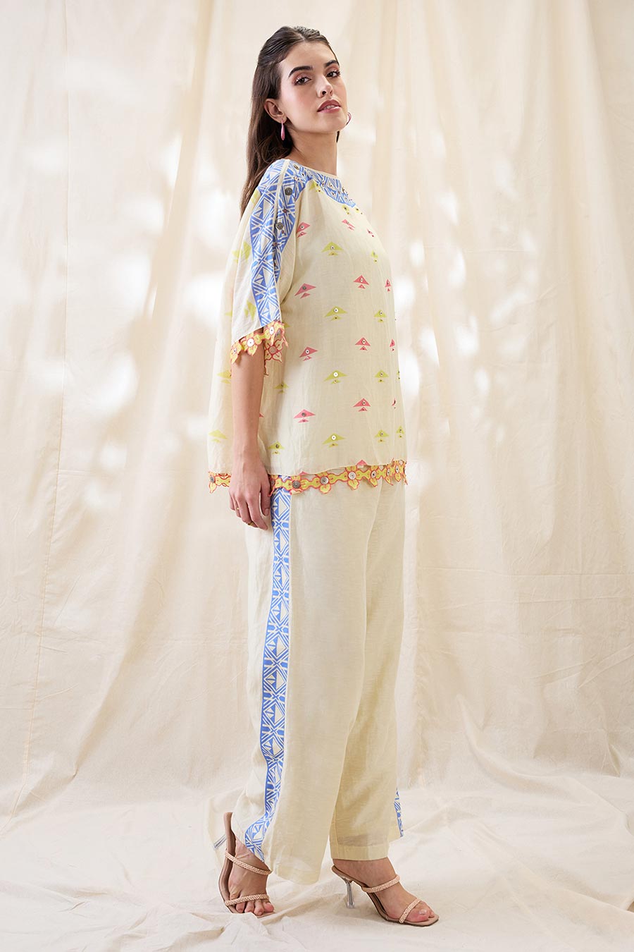 Beige Kitchra Applique Kimono Co-Ord Set