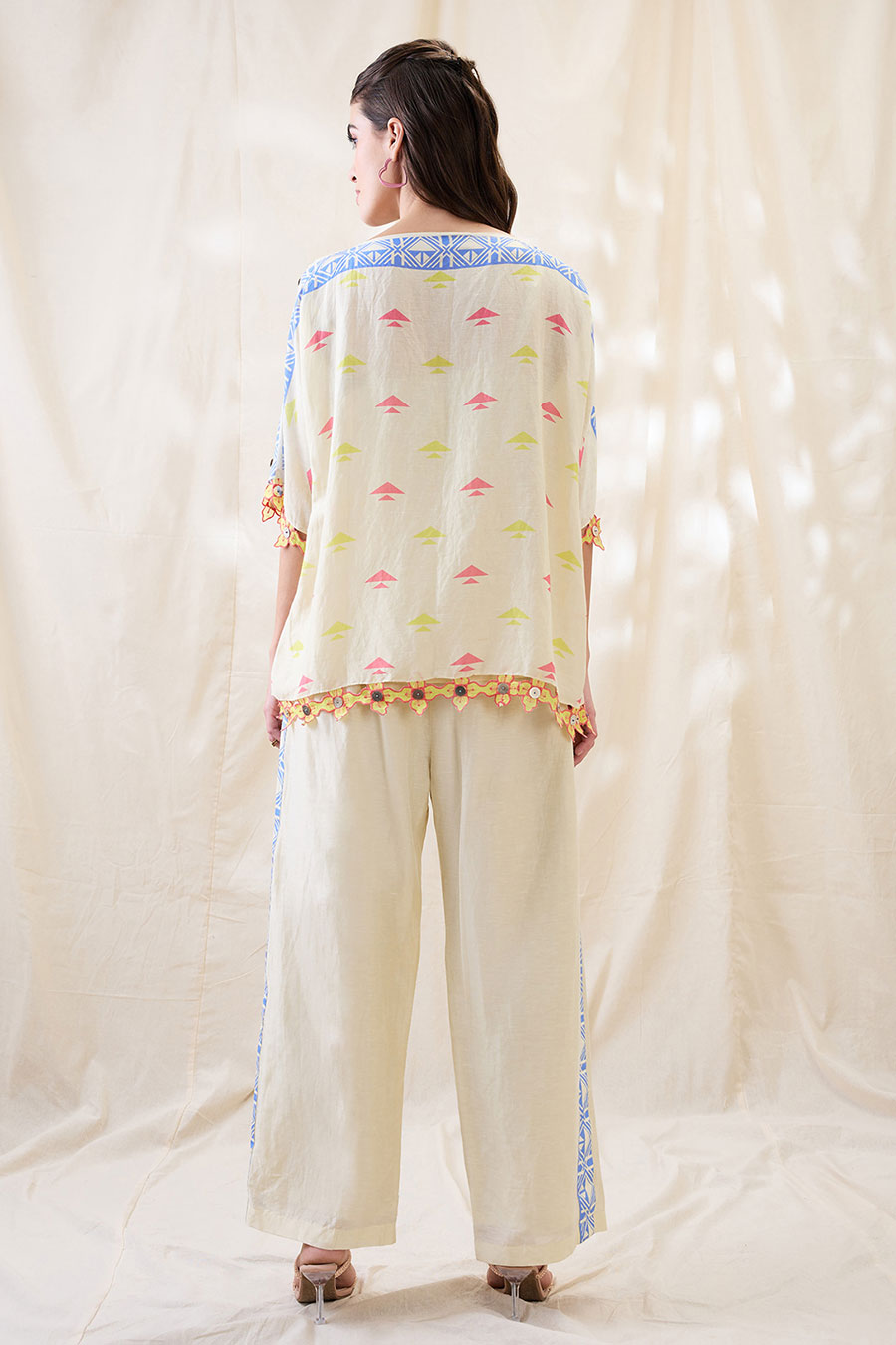 Beige Kitchra Applique Kimono Co-Ord Set