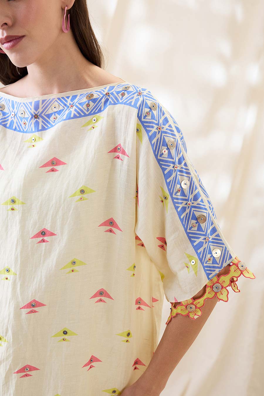 Beige Kitchra Applique Kimono Co-Ord Set
