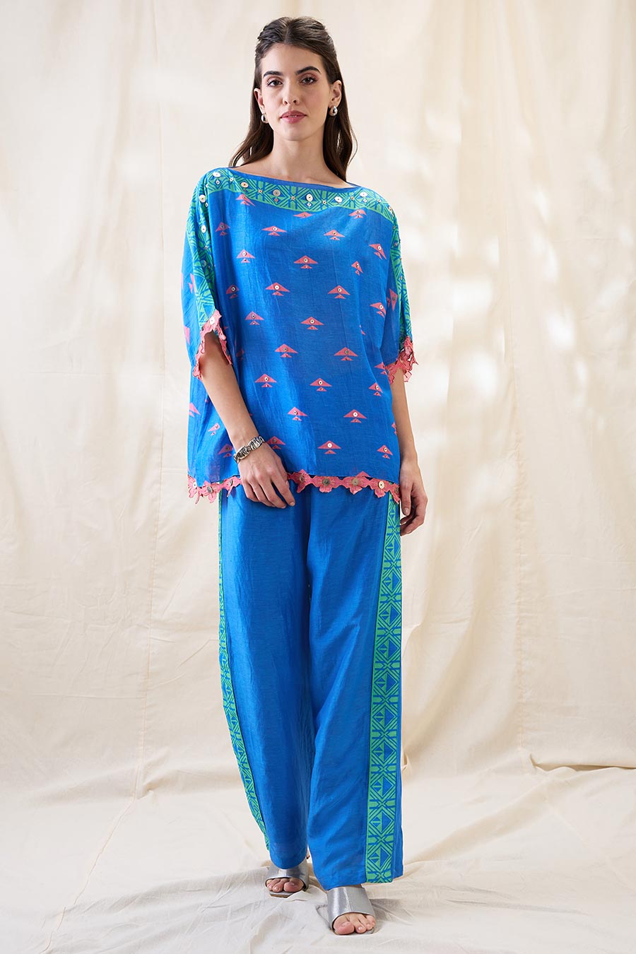 Blue Kitchra Applique Kimono Co-Ord Set