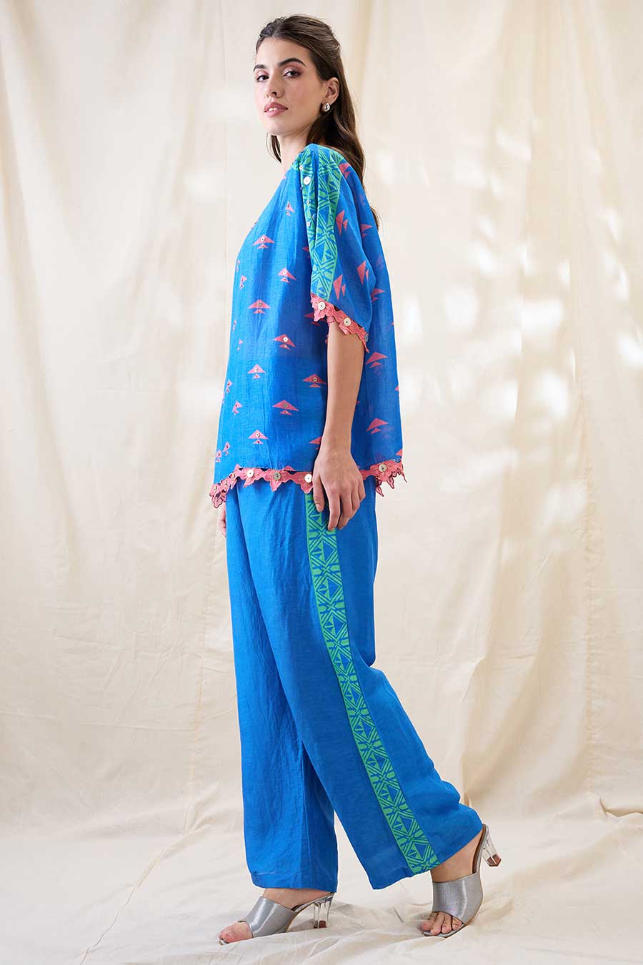 Blue Kitchra Applique Kimono Co-Ord Set