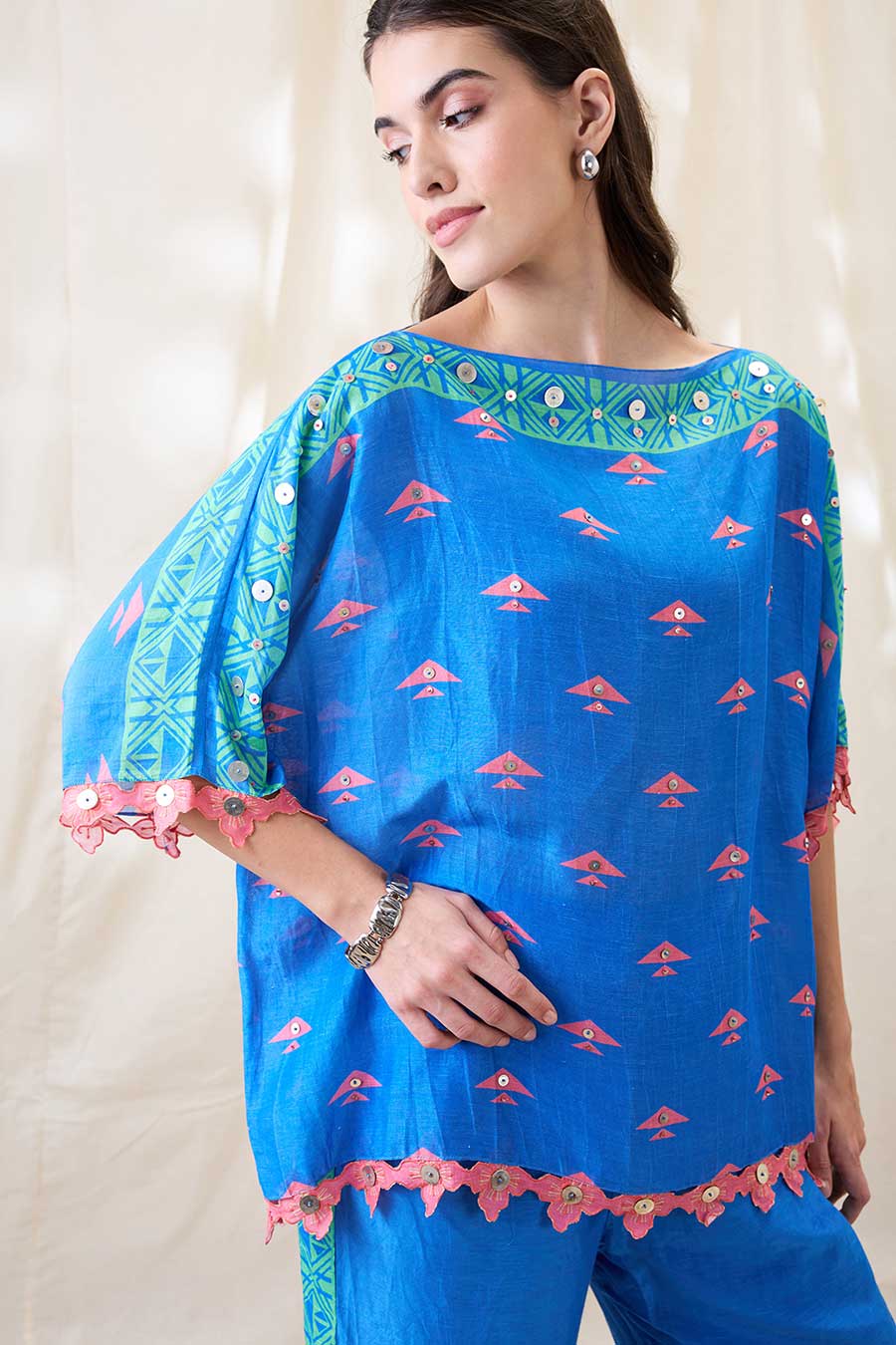 Blue Kitchra Applique Kimono Co-Ord Set