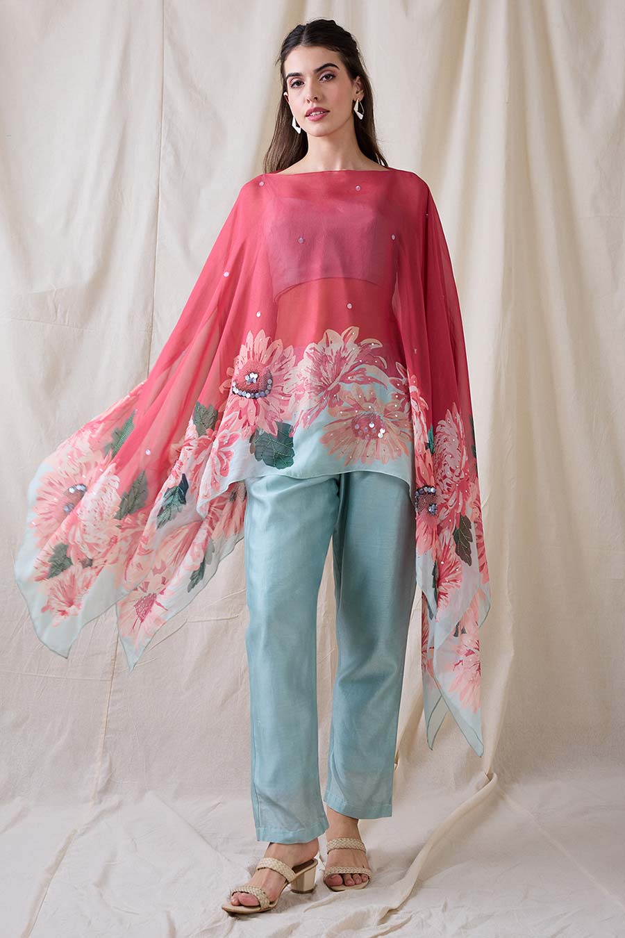 Blue Ravya Co-Ord Set With Embellished Cape