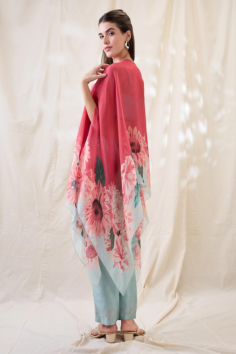 Blue Ravya Co-Ord Set With Embellished Cape