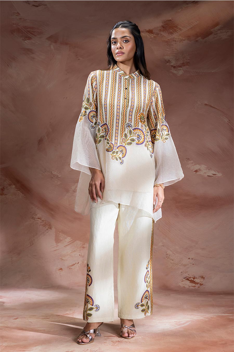 Beige Nooma Embellished Tunic & Pants Set