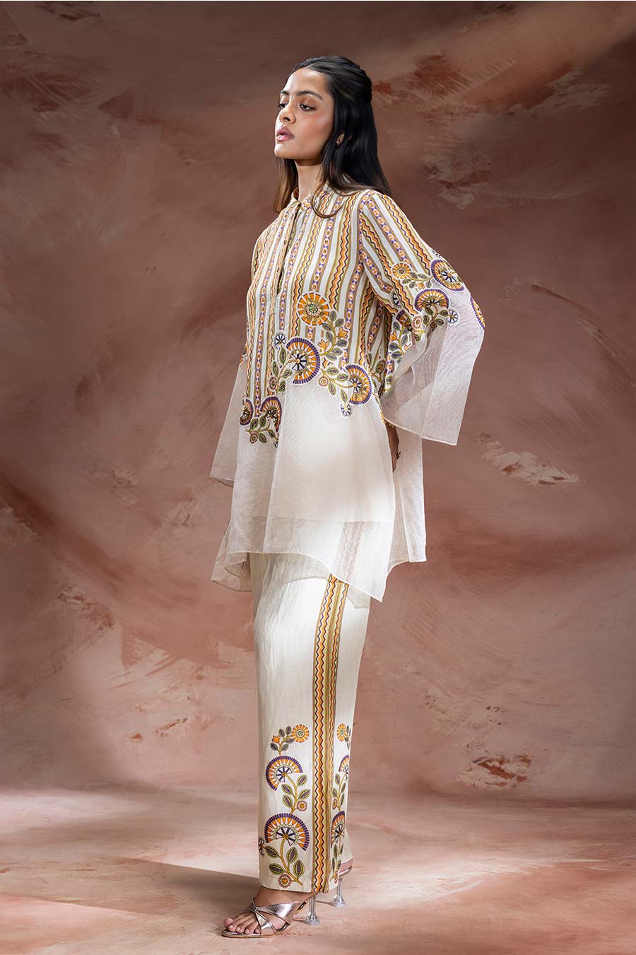 Beige Nooma Embellished Tunic & Pants Set