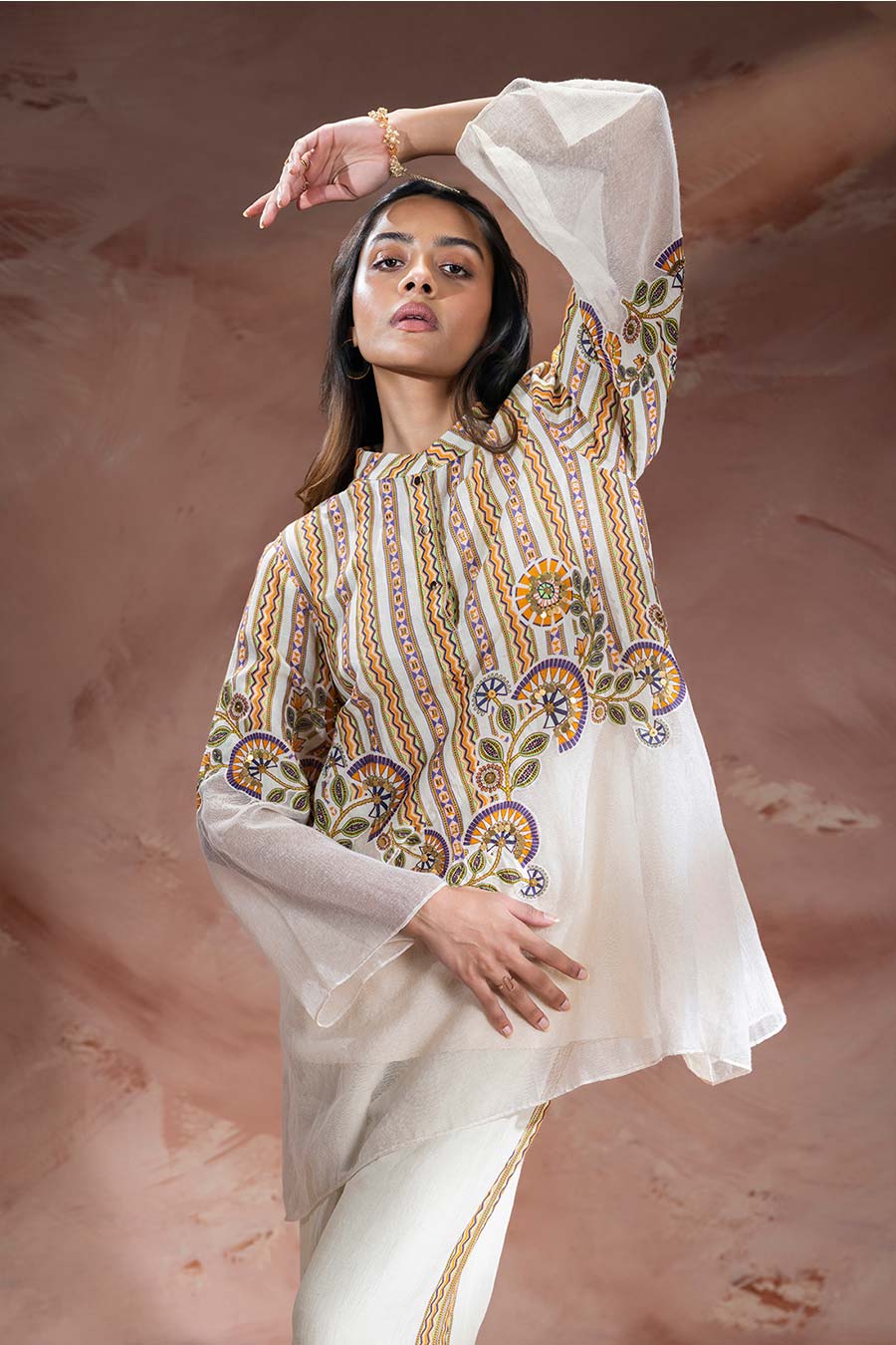 Beige Nooma Embellished Tunic & Pants Set