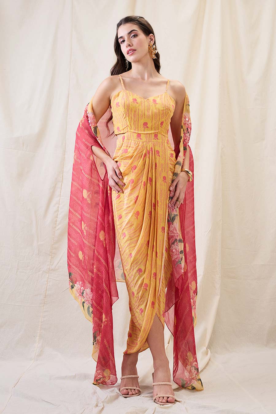 Ravya Drape Dress With Embellished Cape