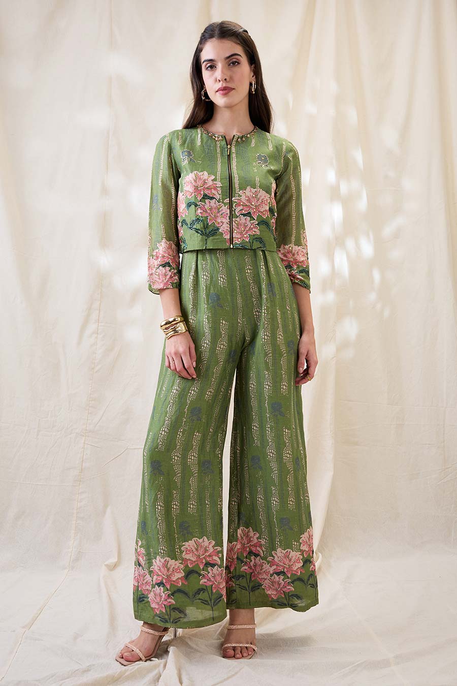 Green Ravya Jumpsuit & Embroidered Jacket Set