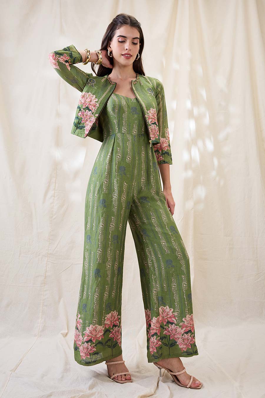 Green Ravya Jumpsuit & Embroidered Jacket Set