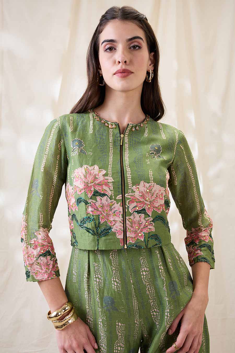Green Ravya Jumpsuit & Embroidered Jacket Set
