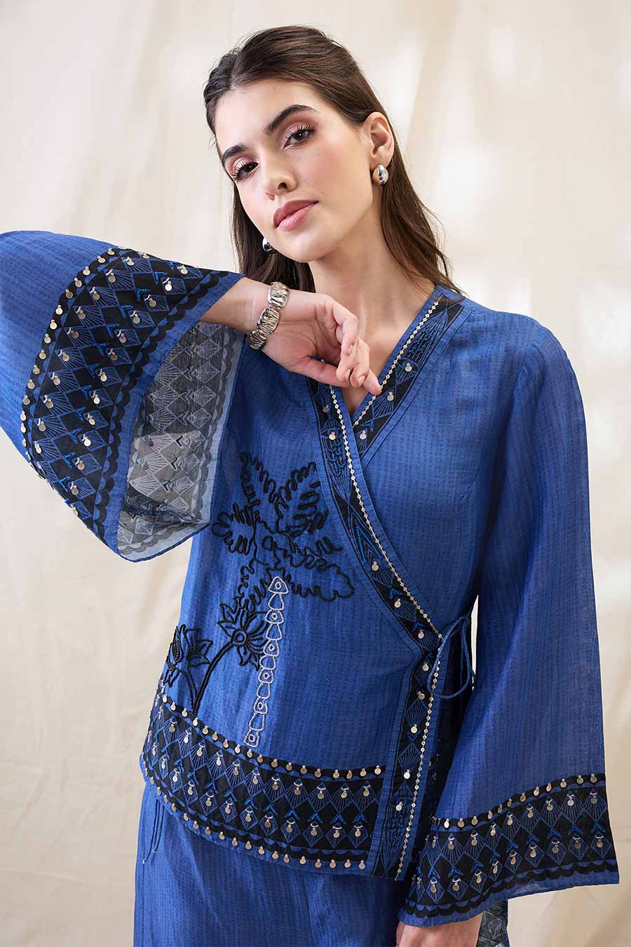 Blue Noorani Embellished Angarkha Co-Ord Set