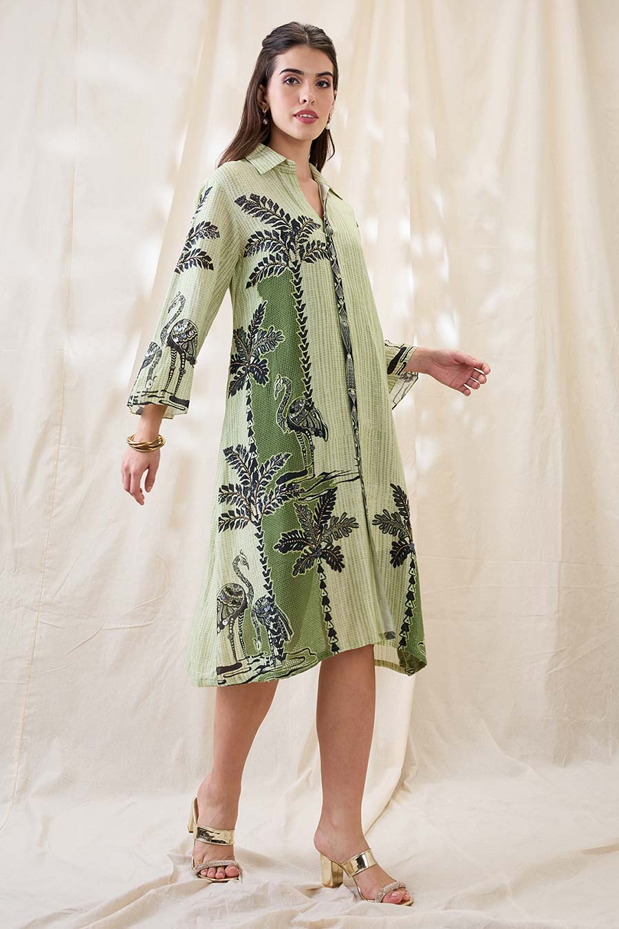 Green Noorani Embellished Boxy Shirt Dress