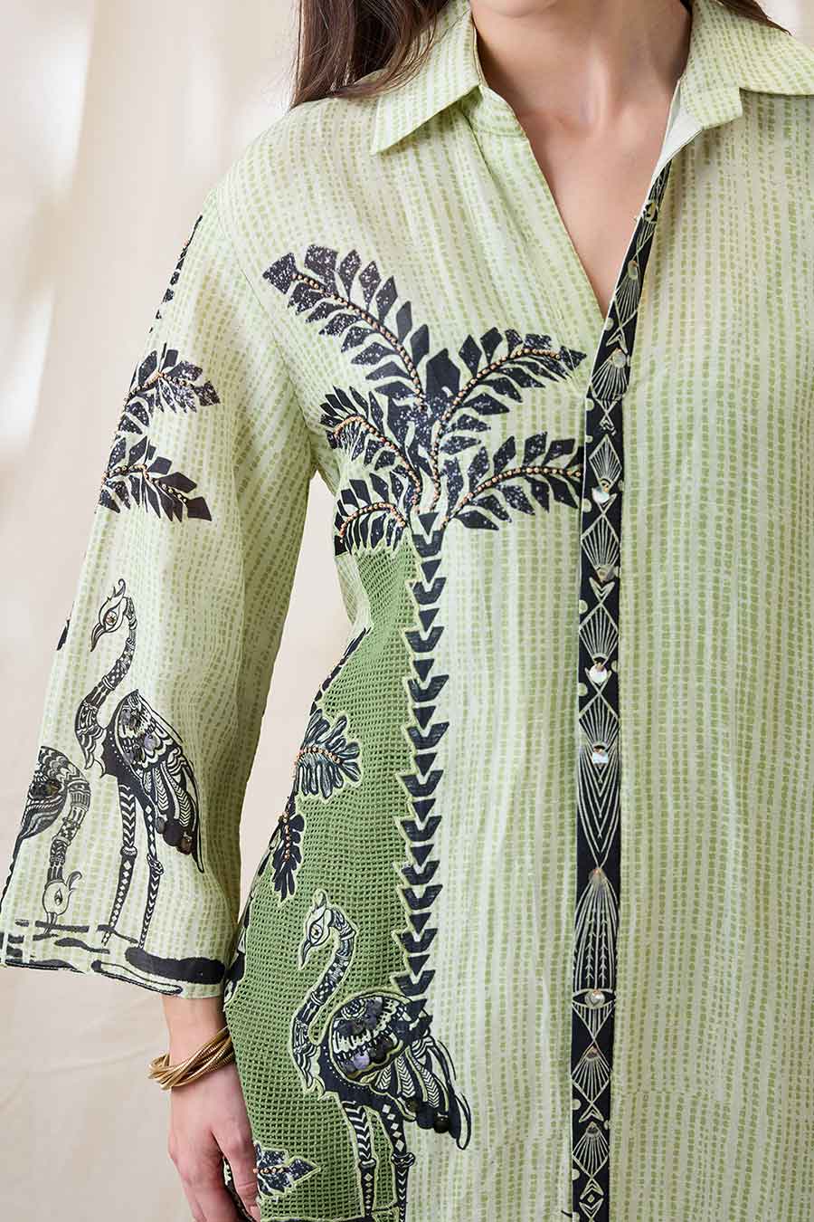 Green Noorani Embellished Boxy Shirt Dress