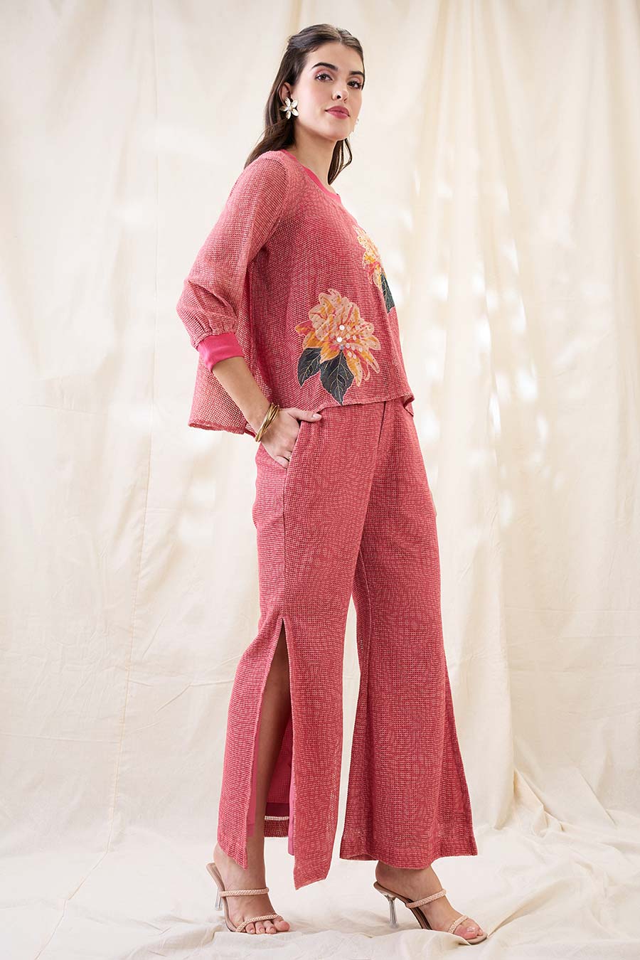 Pink Ravya Cotton Net Appliqued Co-Ord Set
