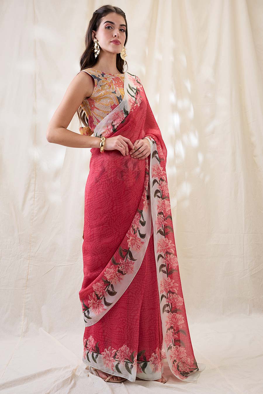 Pink Ravya Embellished Pre-Stitched Saree & Blouse Set