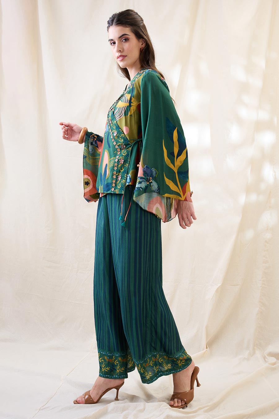 Green Floral Embellished Angarkha Co-Ord Set