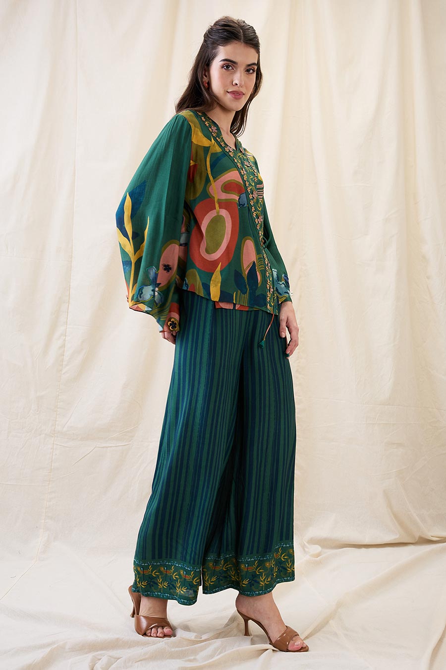 Green Floral Embellished Angarkha Co-Ord Set