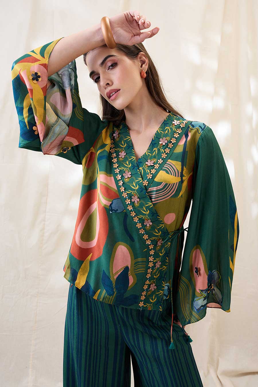 Green Floral Embellished Angarkha Co-Ord Set