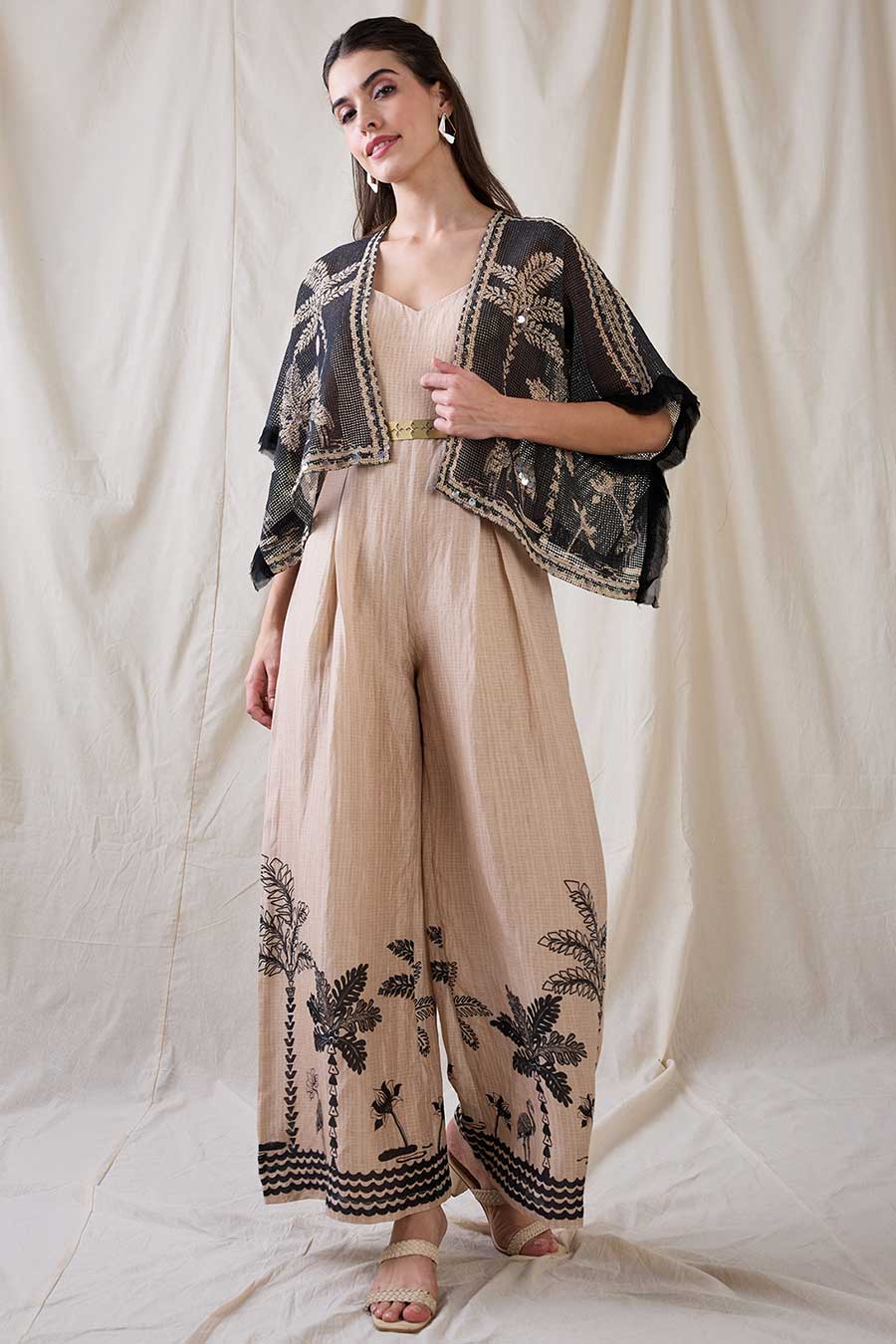 Beige Noorani Jumpsuit With Embroidered Jacket