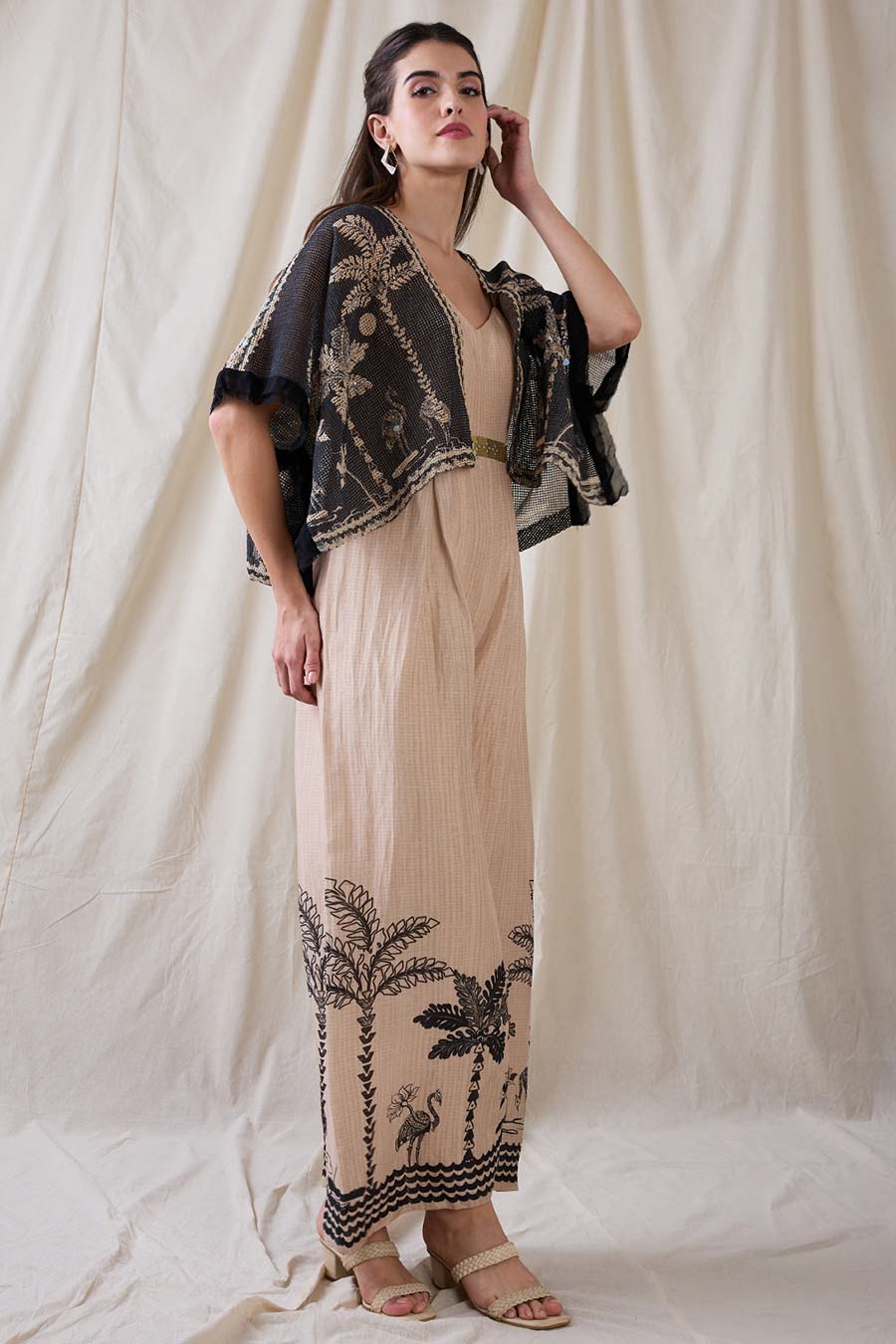 Beige Noorani Jumpsuit With Embroidered Jacket