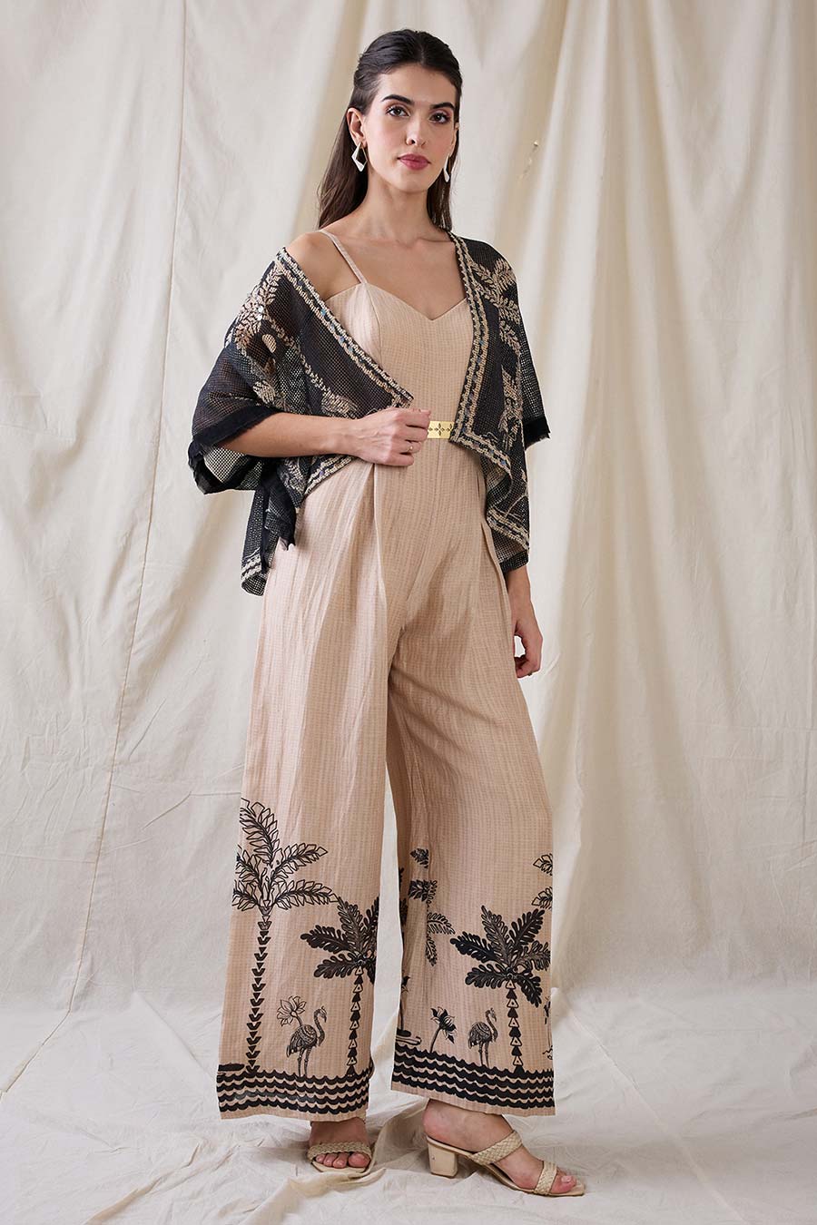 Beige Noorani Jumpsuit With Embroidered Jacket