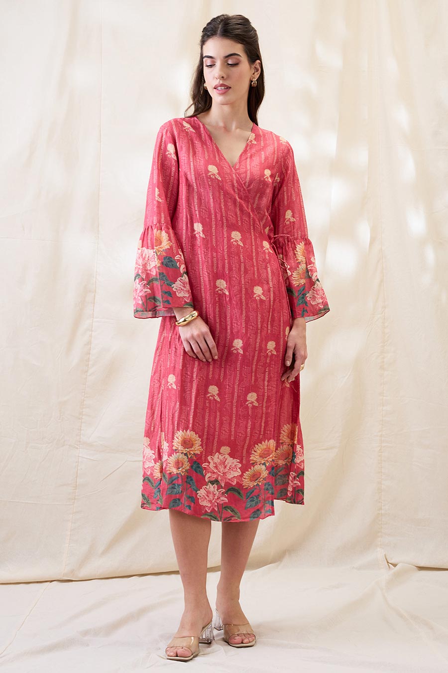 Pink Ravya Printed Angrakha Midi Dress