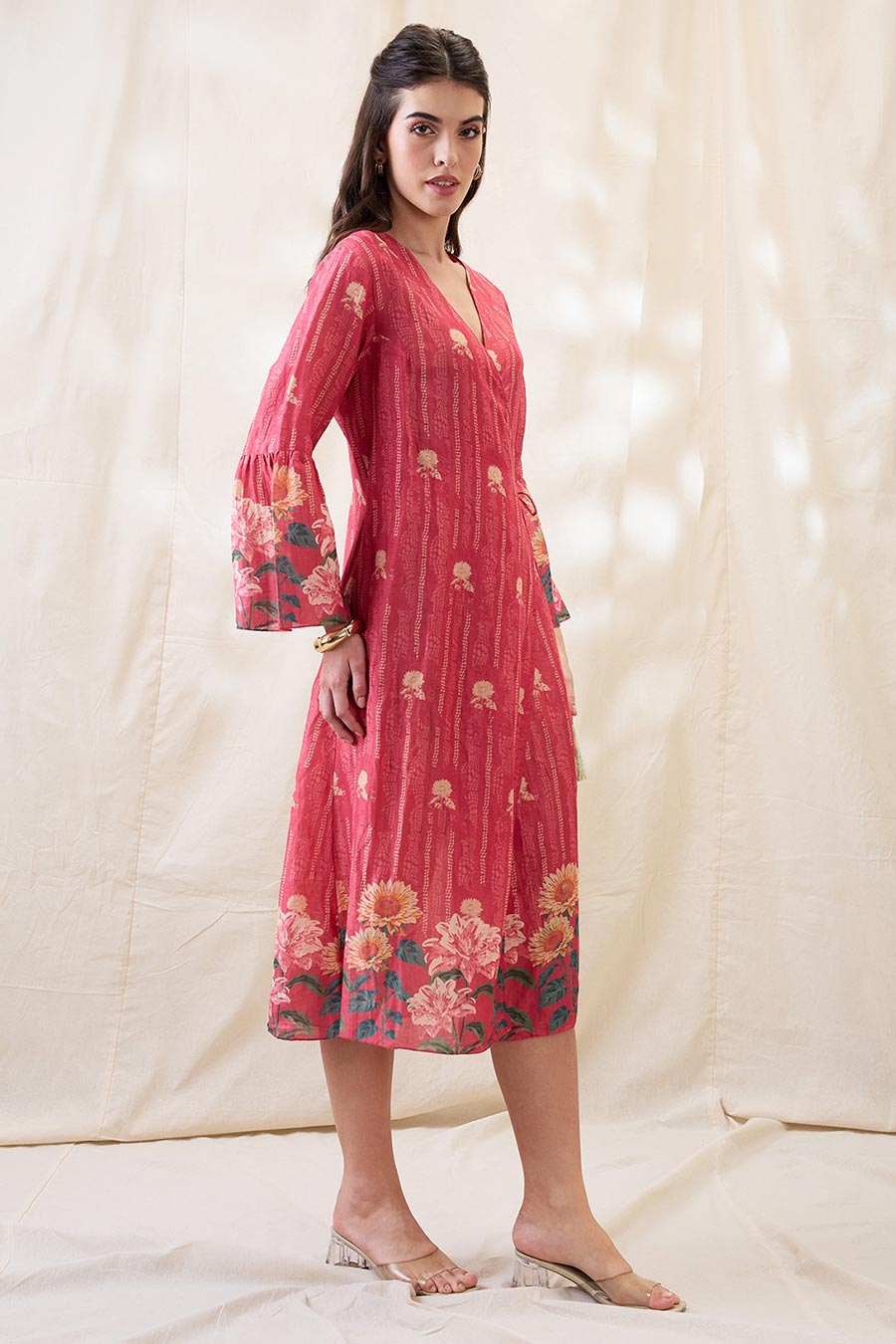 Pink Ravya Printed Angrakha Midi Dress