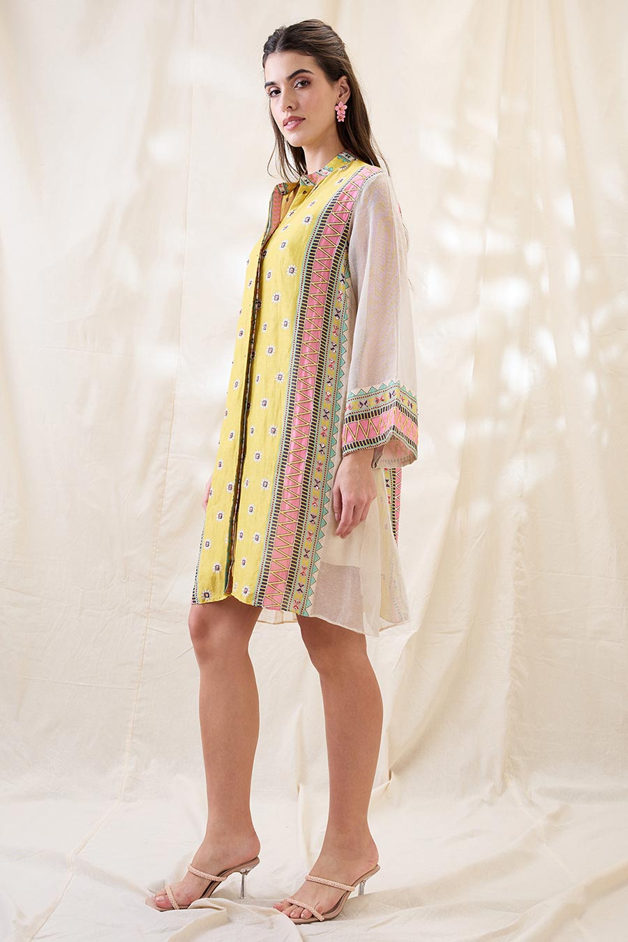 Yellow Nooma Embellished A-Line Shirt Dress