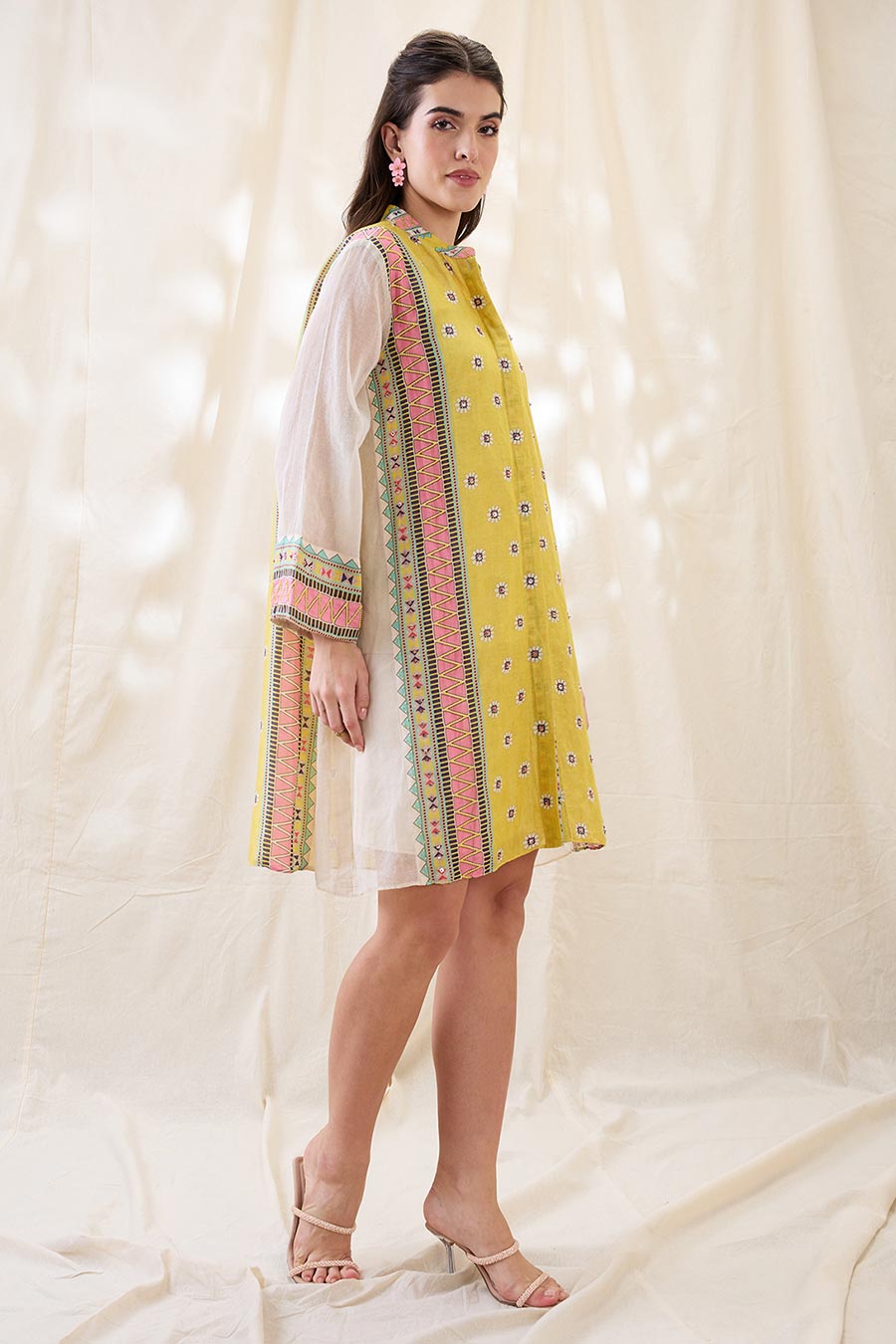 Yellow Nooma Embellished A-Line Shirt Dress