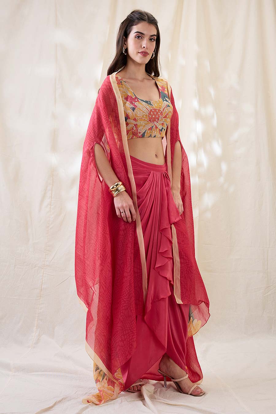 Pink Ravya Drape Skirt Set With Embellished Cape
