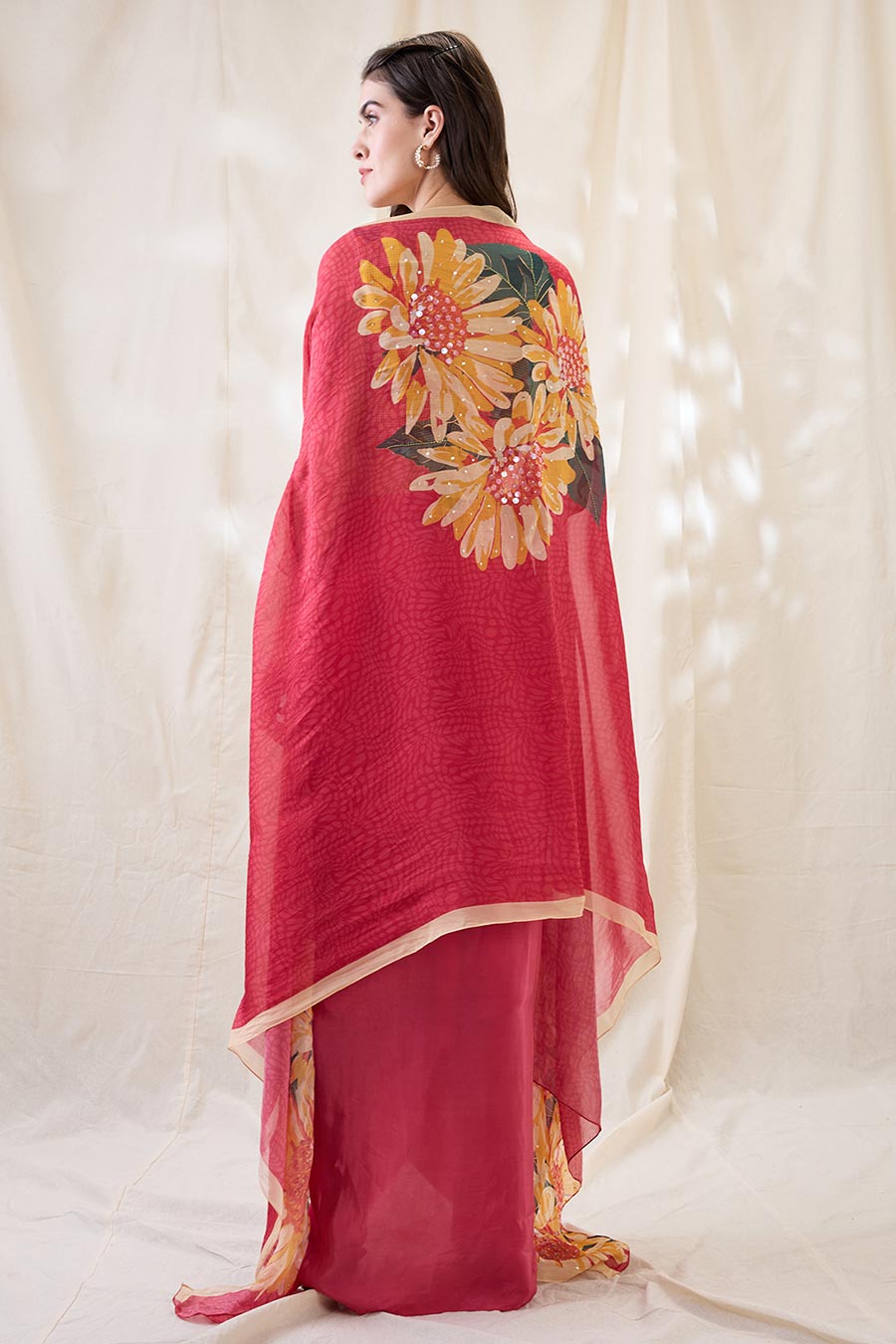 Pink Ravya Drape Skirt Set With Embellished Cape