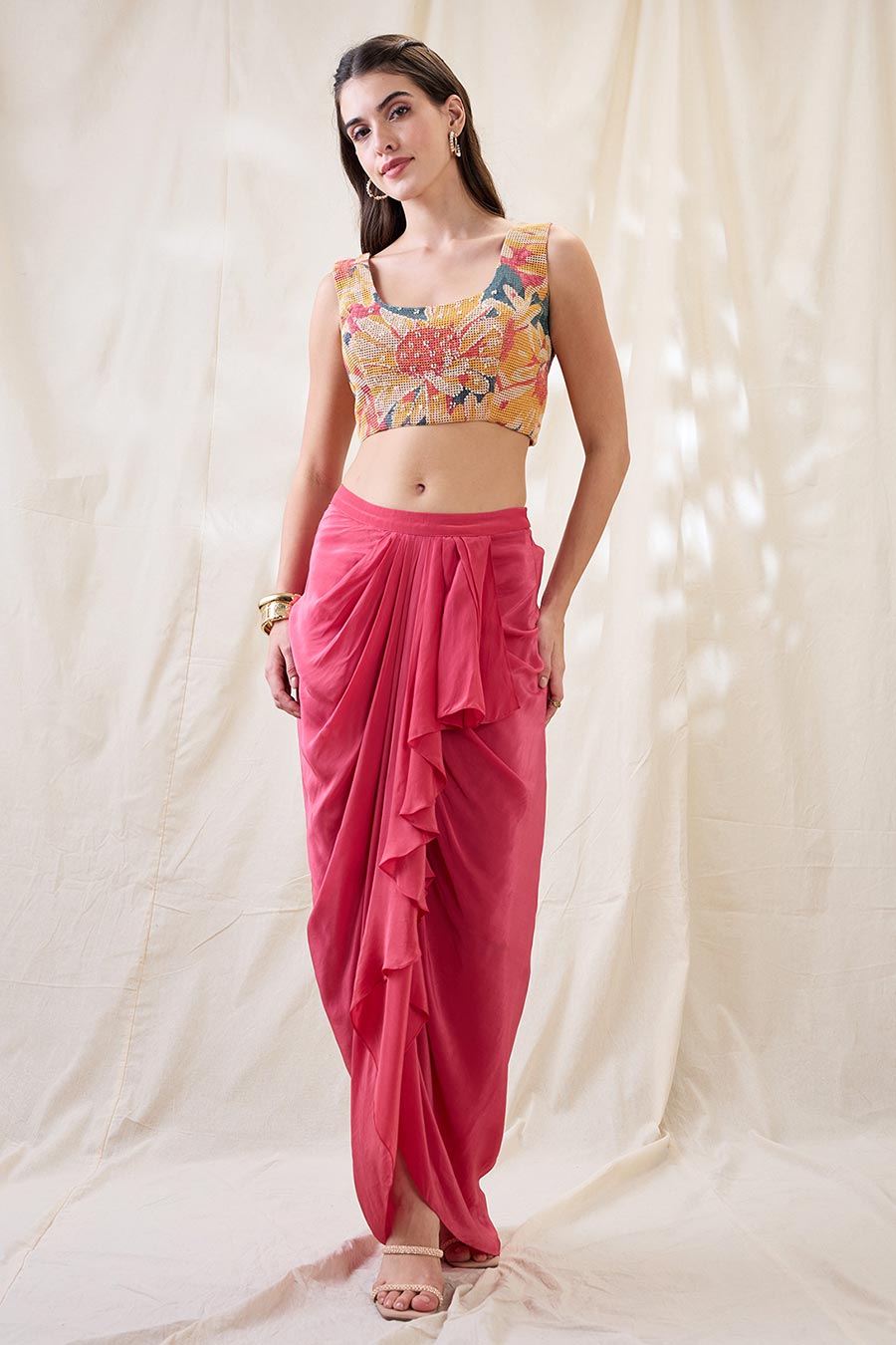 Pink Ravya Drape Skirt Set With Embellished Cape