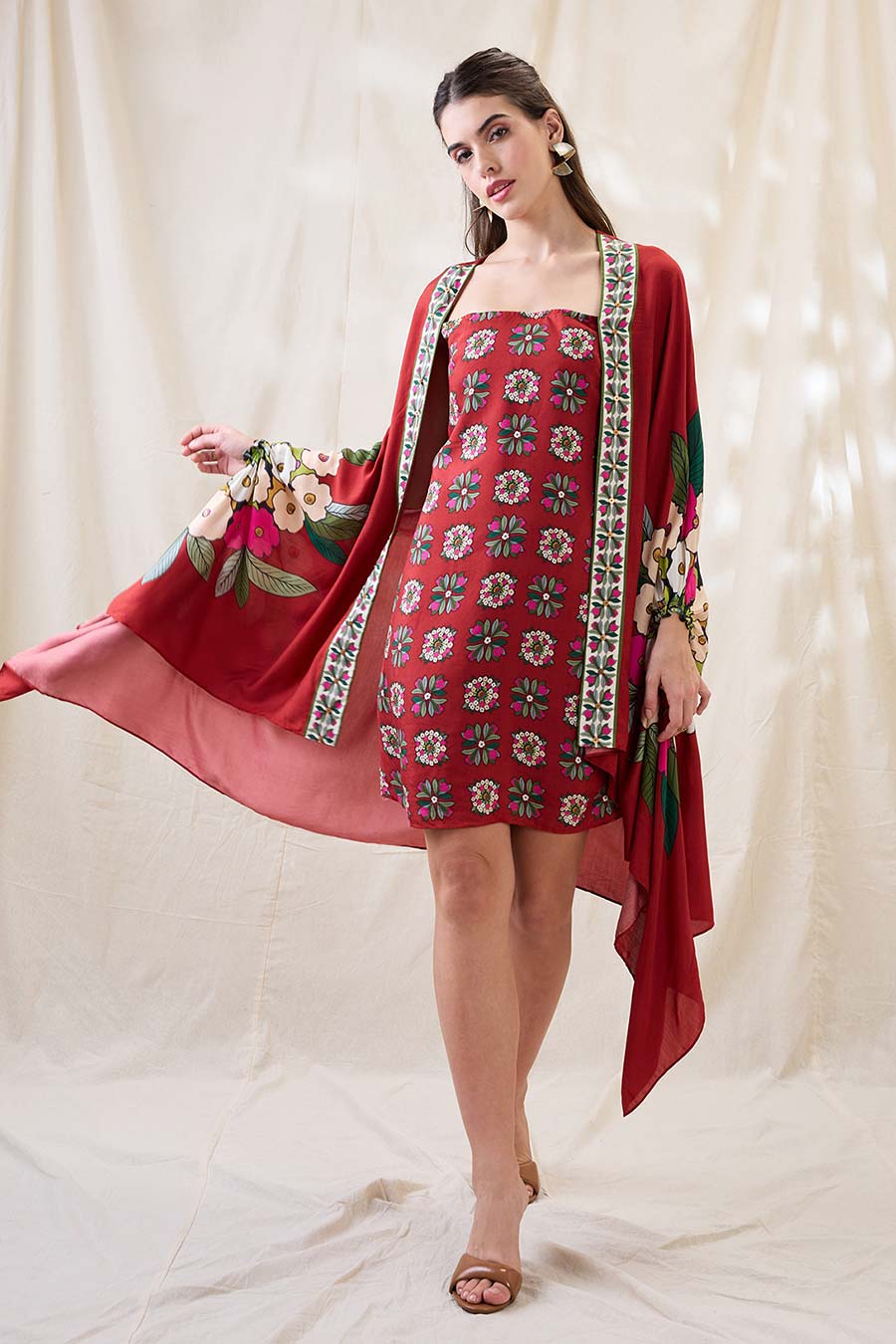 Red Gulzaar Printed Dress With Cape