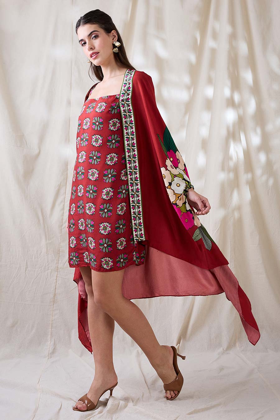 Red Gulzaar Printed Dress With Cape