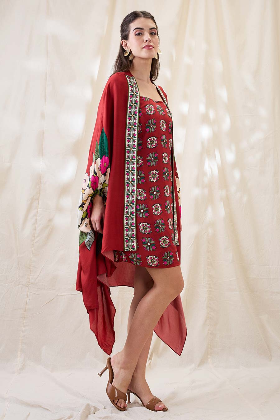 Red Gulzaar Printed Dress With Cape