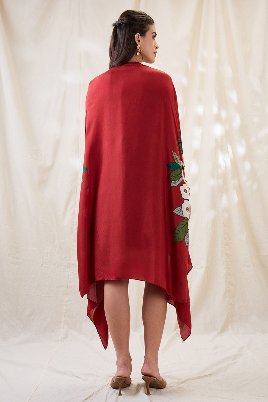 Red Gulzaar Printed Dress With Cape