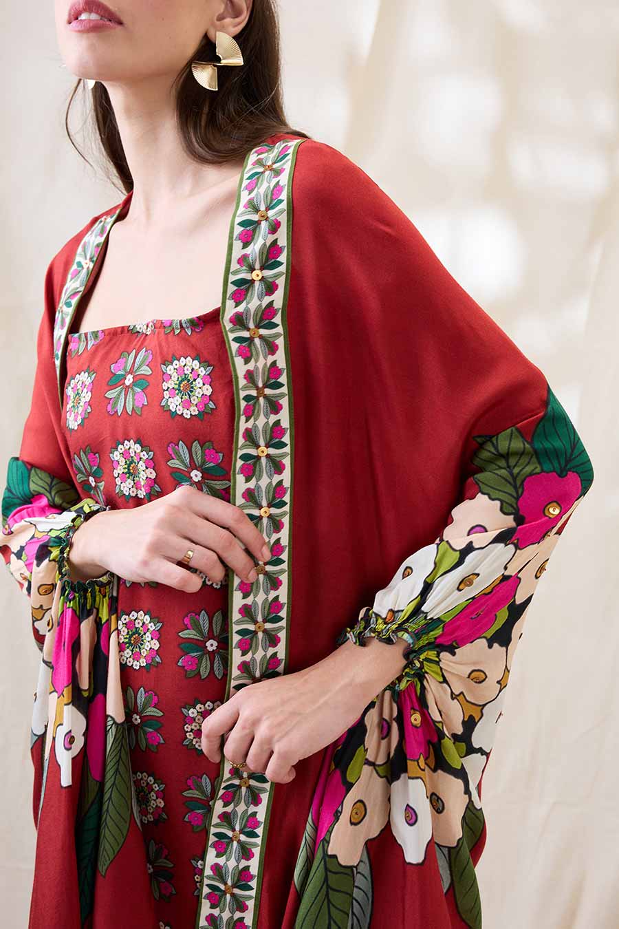 Red Gulzaar Printed Dress With Cape