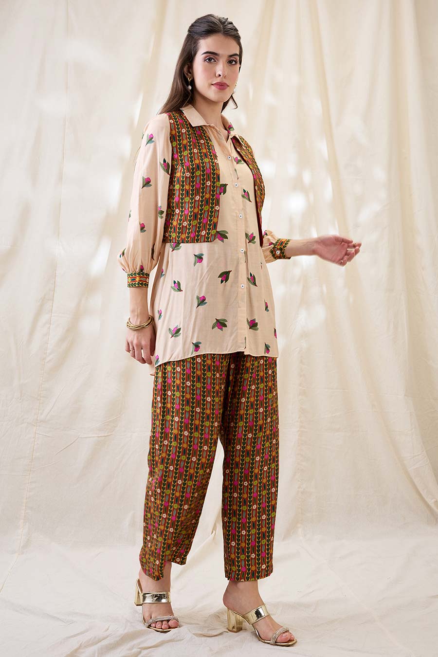 Beige Gulzaar Printed Co-Ord Set With Jacket