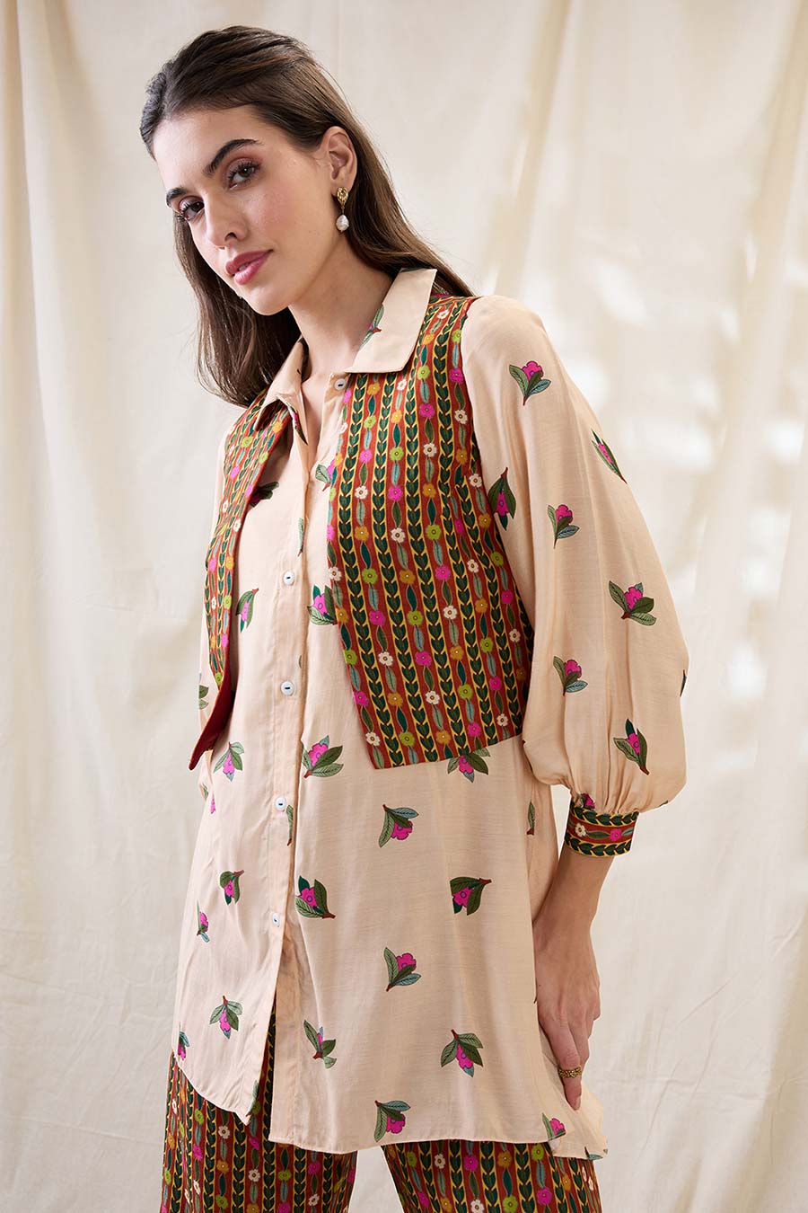 Beige Gulzaar Printed Co-Ord Set With Jacket