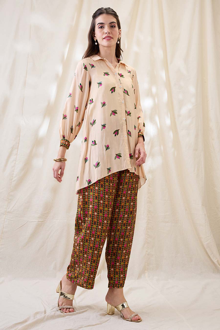 Beige Gulzaar Printed Co-Ord Set With Jacket