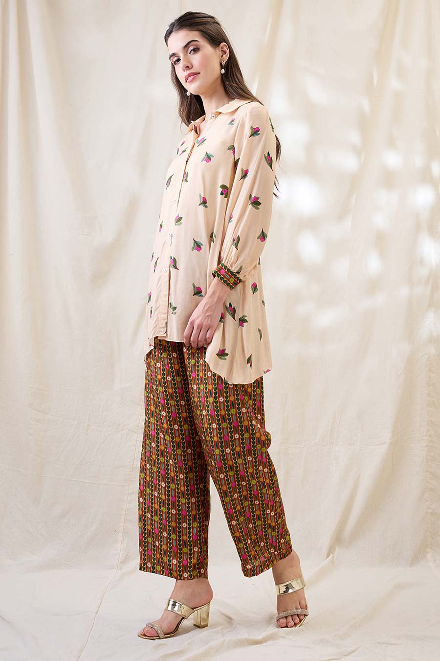Beige Gulzaar Printed Co-Ord Set With Jacket