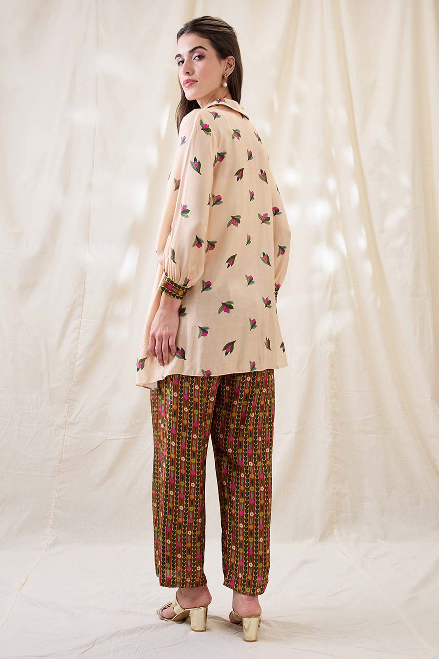 Beige Gulzaar Printed Co-Ord Set With Jacket